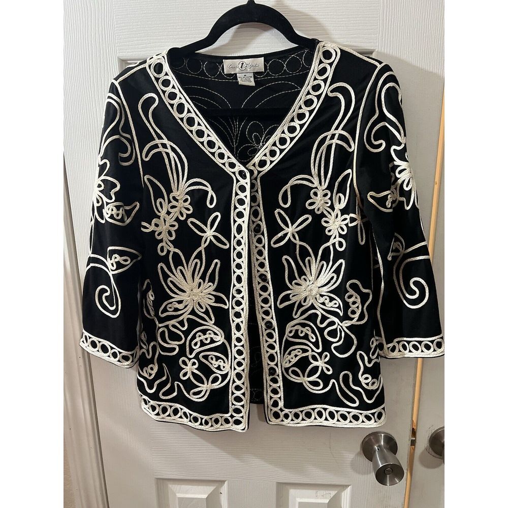 ONCE AGAIN Black/White‎ Embroidered Open Jacket/Blouse Size Medium